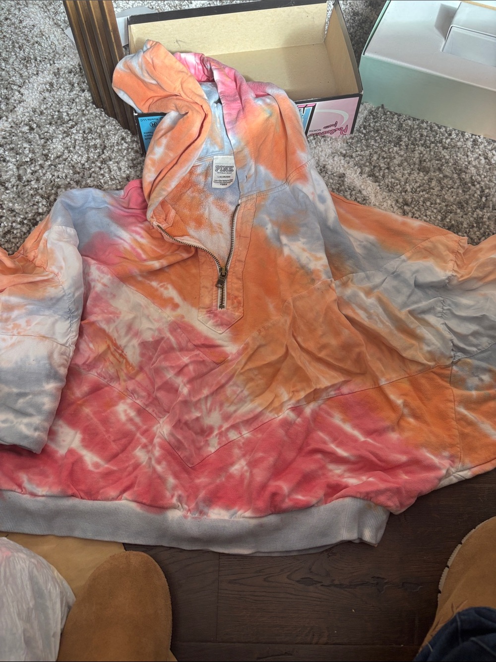 PINK Victoria's Secret Tie-Dye Half-Zip Hoodie — Orange, Pink & Light Blue